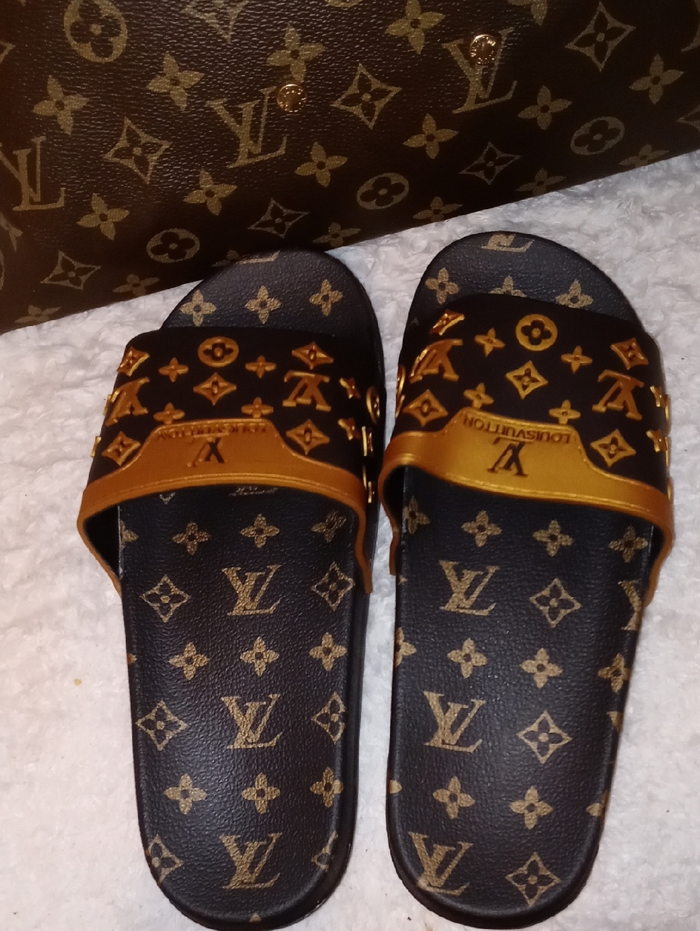 Luxury Monogram Slide Sandals in Brown and Gold